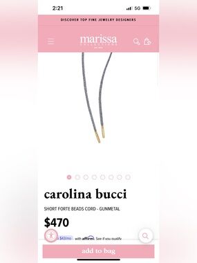 Carolina Bucci Short Forte Beads Lurex Cord Gunmetal Grey 18K ROSE GOLD NIB